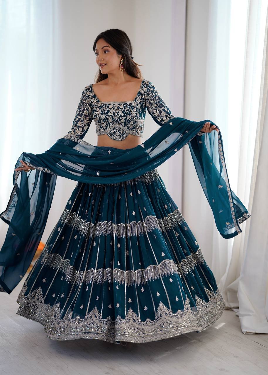 Teal Blue Embroidered Lehenga Choli Set with Dupatta - Image 5