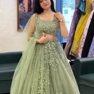 Pista Green Soft Butterfly Net Heavily Embroidered Lehenga Choli Set