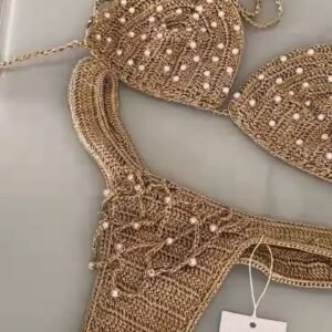 Gold Crochet Pearl Embellished Bikini Set