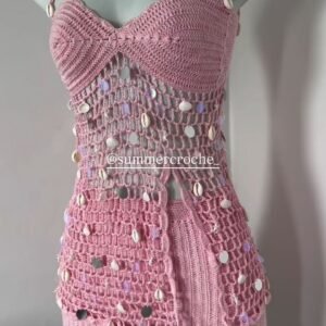 Pink Crochet Shell Embellished Mini Dress