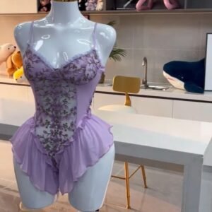 Lavender Embroidered Sheer Ruffle Bodysuit