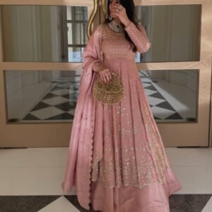 Dusty Rose Pink Heavy Silk Embroidered Anarkali Lehenga Set