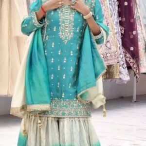 Teal Embroidered Kurta with Ombre Sharara and Dupatta Set
