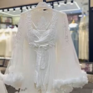 Ivory Lace-Trim Bridal Robe with Sheer Layered Sleeves