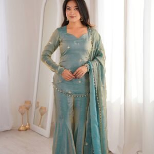 Elegant Teal Embroidered Kurta Set with Flared Pants and Dupatta