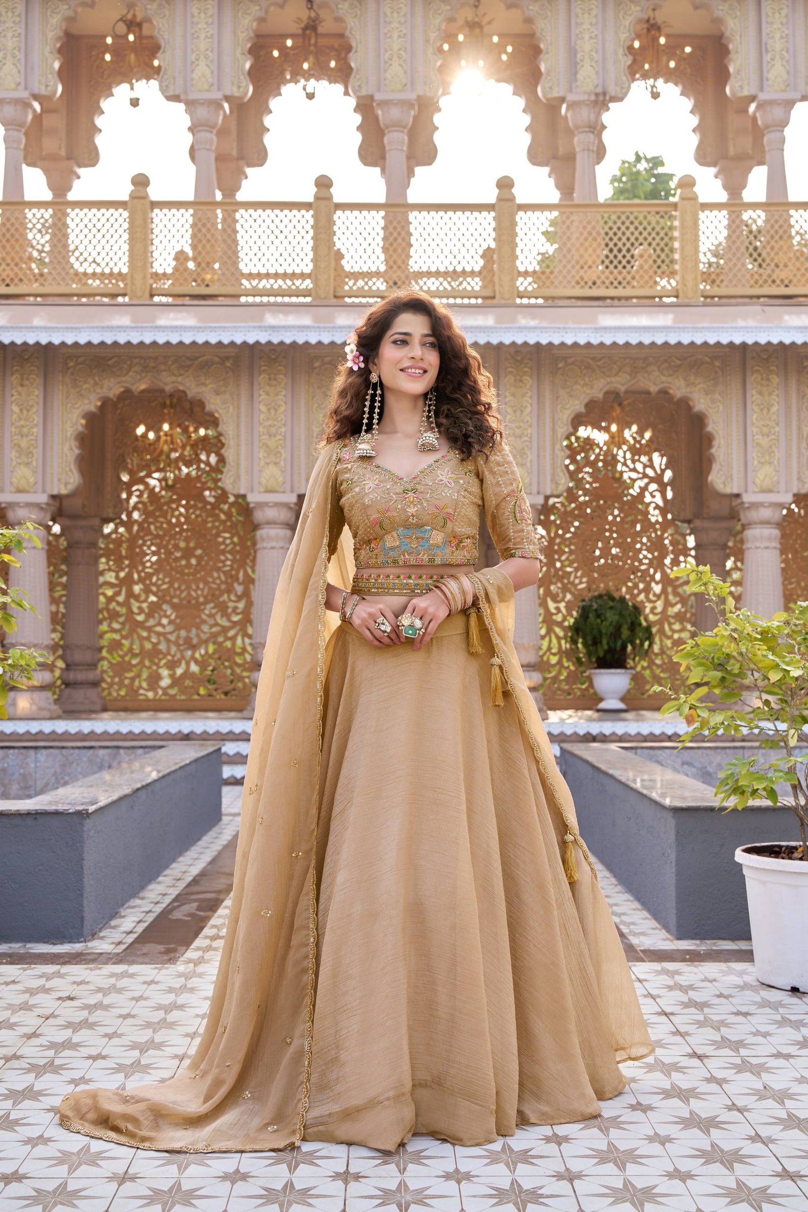 Beige Crunchy Silk Heavily Embroidered Lehenga Choli - Image 2