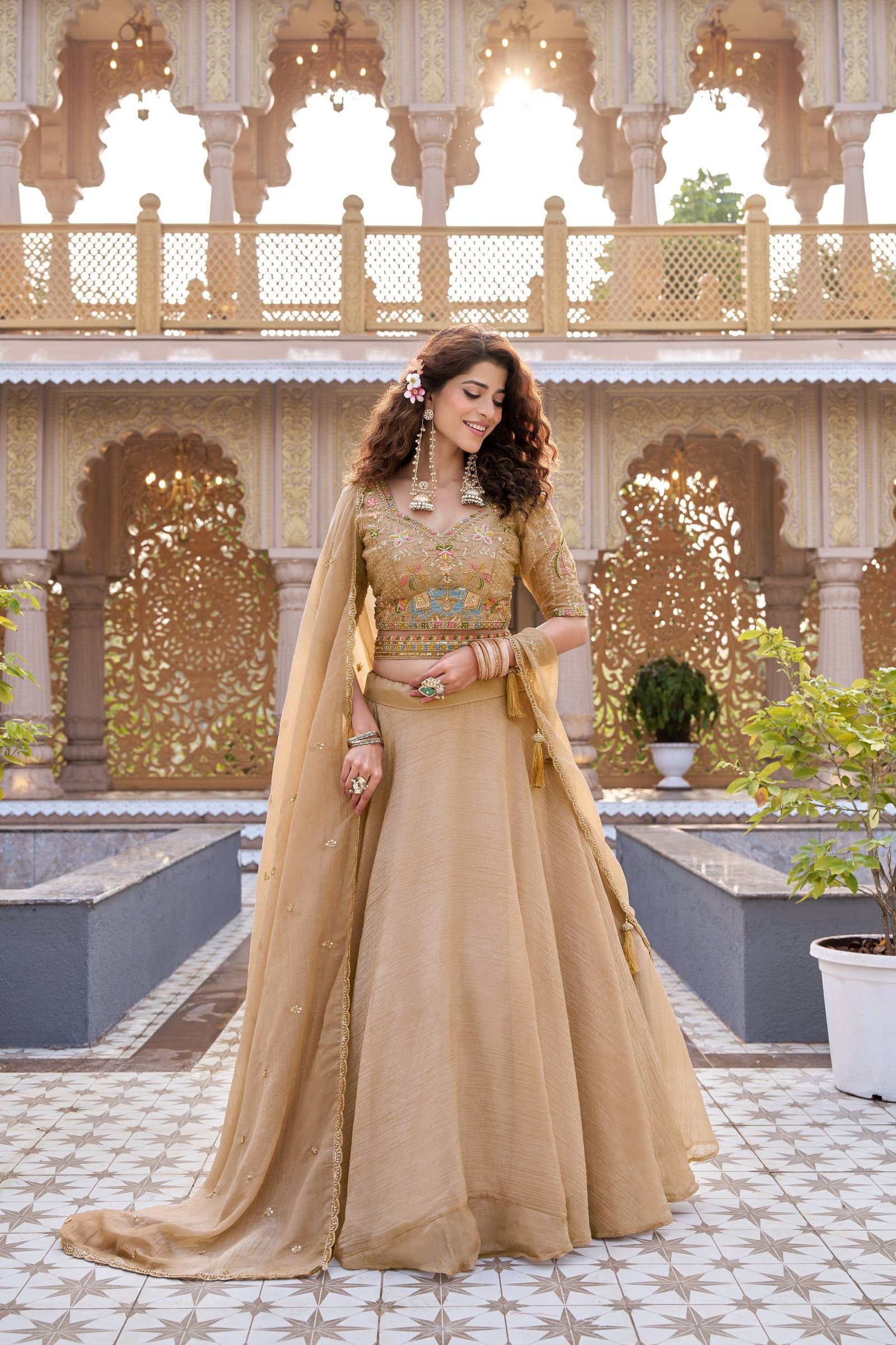 Beige Crunchy Silk Heavily Embroidered Lehenga Choli - Image 4