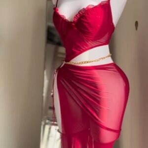 Scarlet Sheer Two-Piece Lingerie Set with Wrap Skirt