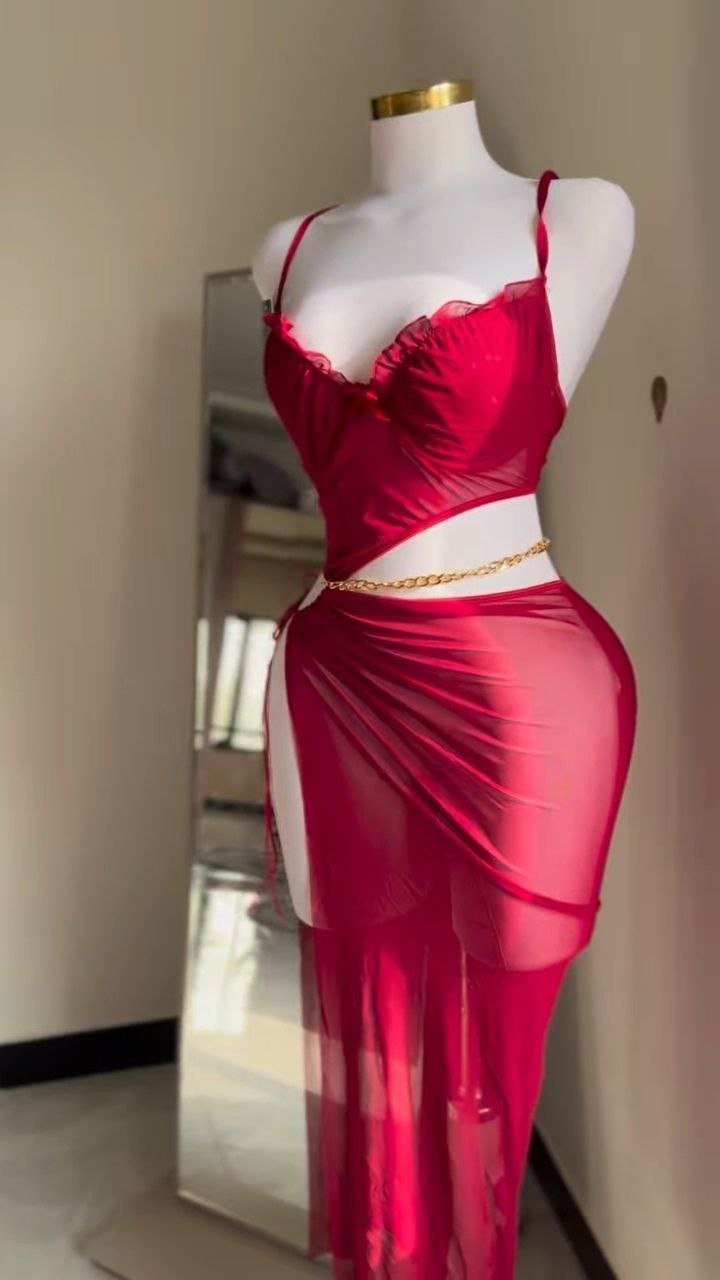 Scarlet Sheer Two-Piece Lingerie Set with Wrap Skirt - Image 4