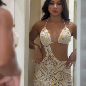 Ivory Crochet Cut-Out Beach Mini Dress with Floral Accents