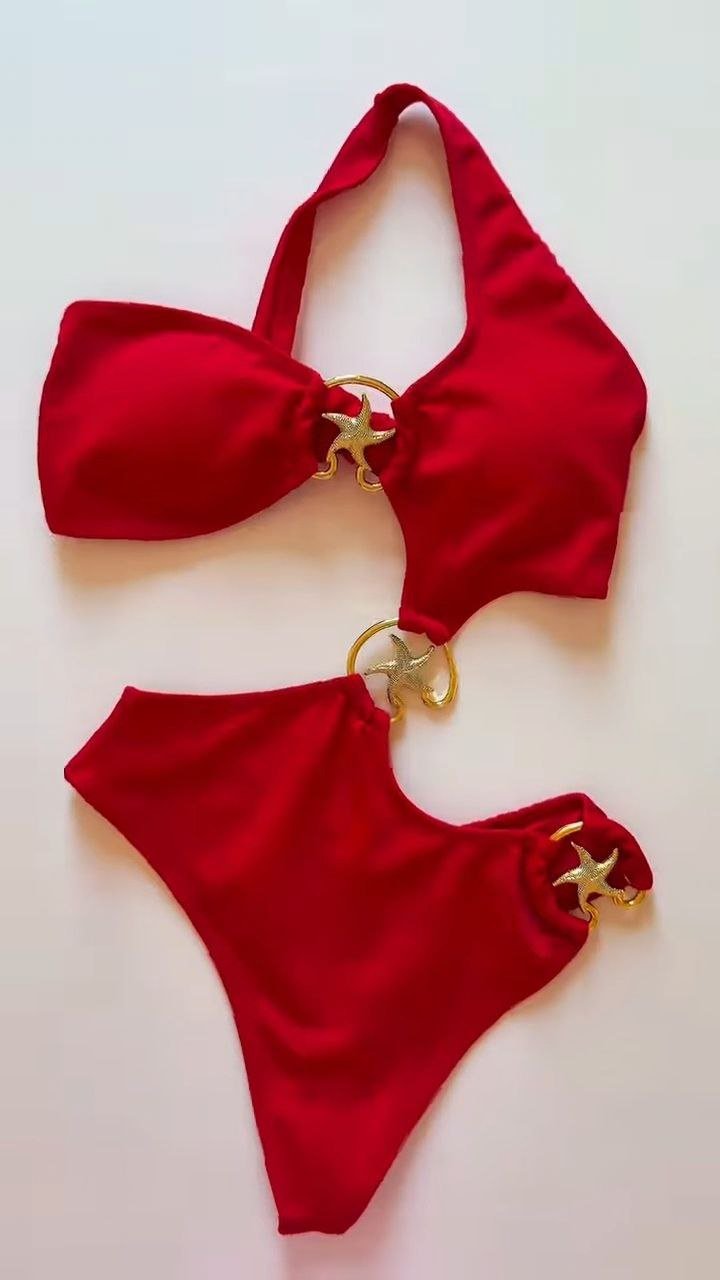 Red Asymmetrical Cut-Out One-Piece Swimsuit with Gold Starfish Accents - Image 2