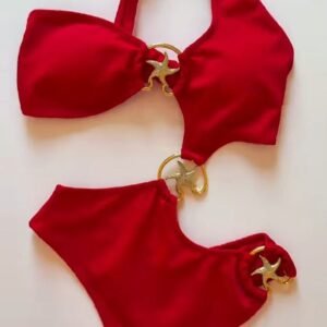Red Asymmetrical Cut-Out One-Piece Swimsuit with Gold Starfish Accents