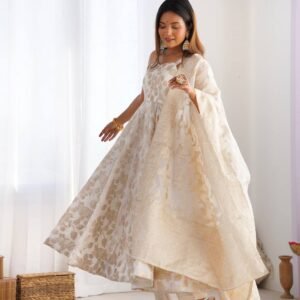 Off-White Banarasi Jacquard Dola Silk Fully Flared Anarkali Suit Set