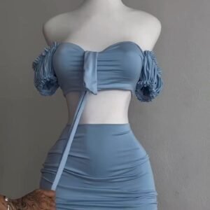 Powder Blue Off-Shoulder Ruched Two-Piece Set