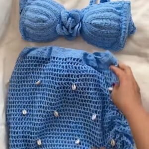 Sky Blue Crochet Bandeau Bikini Set with Shell Detail Skirt