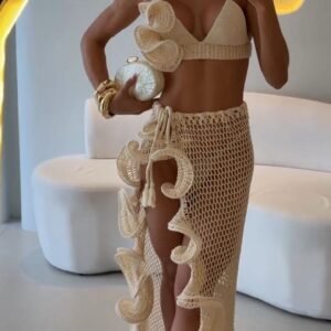 Ivory Crochet Bikini Set with Statement Ruffle Wrap Skirt