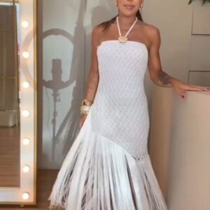 White Crochet Strapless Fringe Maxi Dress