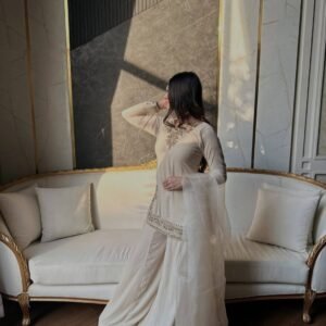 Off-White Korean Satin Silk Sharara Suit with Heavy Beadwork