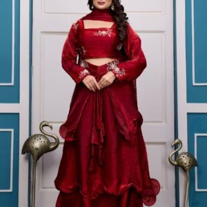 Magenta Layered Lehenga Set with Embroidered Blouse