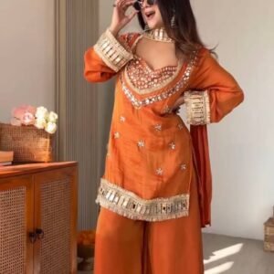 Rust Orange Embroidered Kurta Palazzo Set with Mirror Work