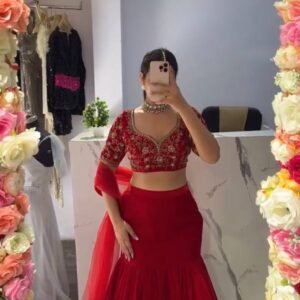 Crimson Red Faux Georgette Mermaid Style Lehenga Choli Set