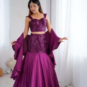 Wine Sequin Embroidered Lehenga Set with Flared Skirt and Dupatta