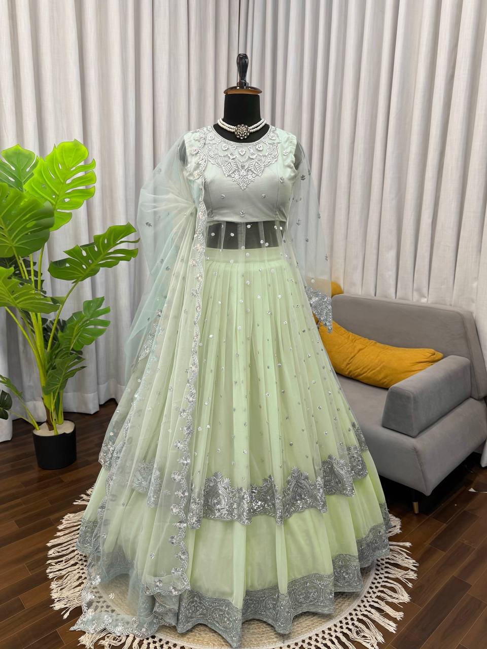 Pista Green Embroidered Gown with Lehenga and Dupatta Set - Image 3