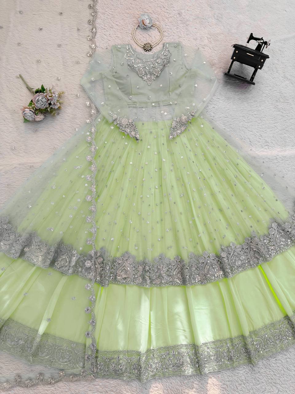 Pista Green Embroidered Gown with Lehenga and Dupatta Set - Image 4