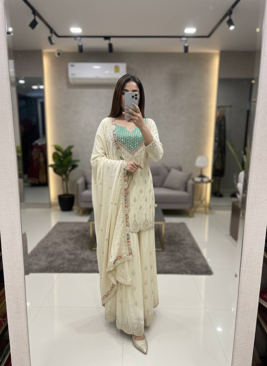 Ivory Embroidered Kurta Sharara Set with Pastel Dupatta - Image 2