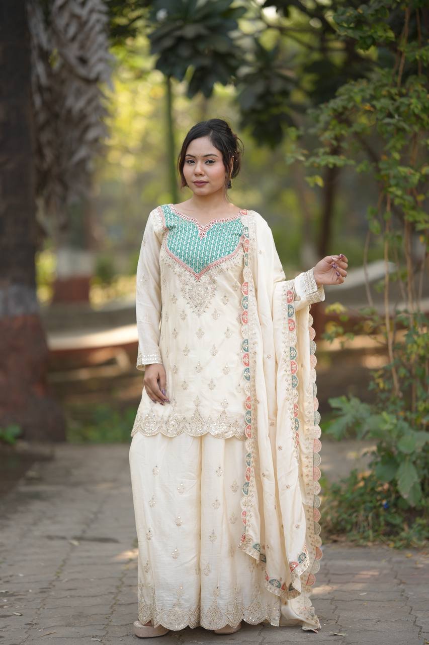 Ivory Embroidered Kurta Sharara Set with Pastel Dupatta - Image 3
