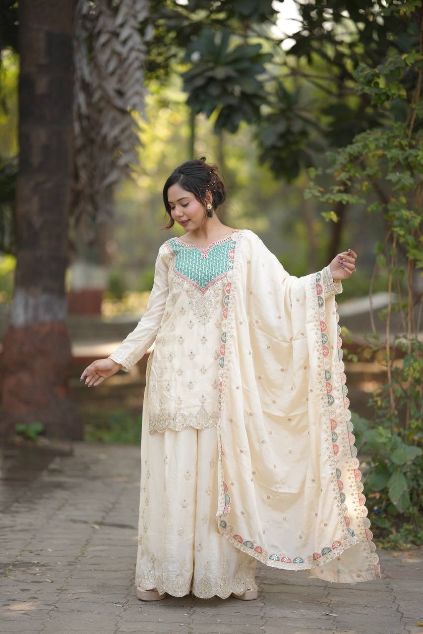 Ivory Embroidered Kurta Sharara Set with Pastel Dupatta - Image 4