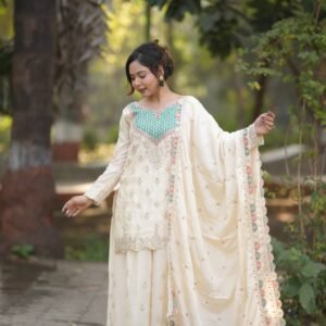 Ivory Embroidered Kurta Sharara Set with Elegant Dupatta