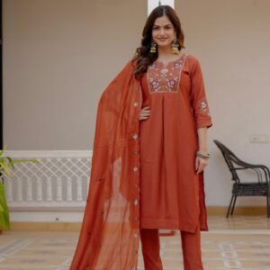 Pure Viscose Mango Silk Embroidered Kurta Set