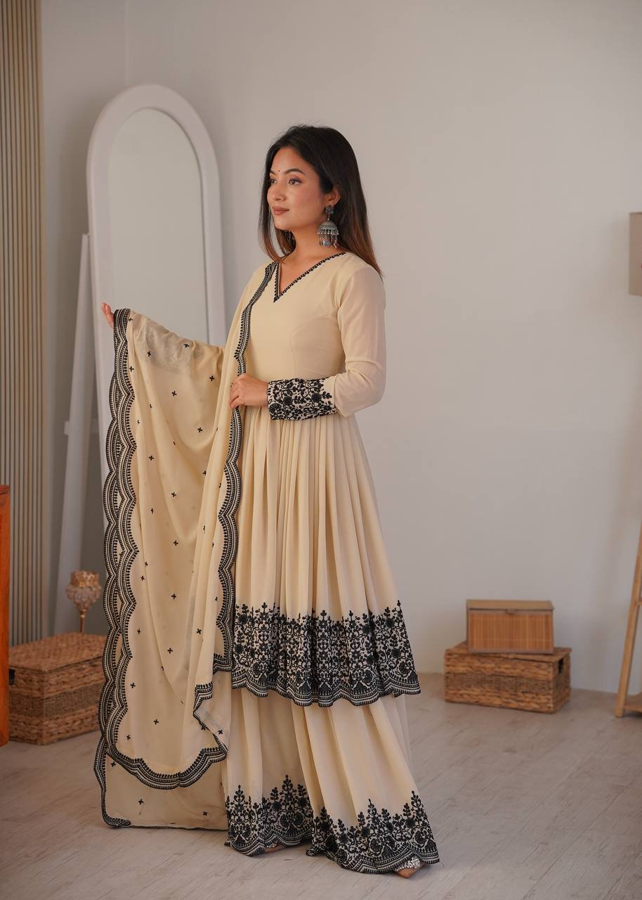 Beige Embroidered Anarkali Suit with Designer Dupatta - Image 3