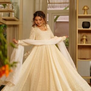 Elegant Ivory Embroidered Anarkali Gown Set