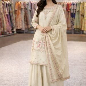 Ivory Embroidered Kurta Set with Sharara and Dupatta