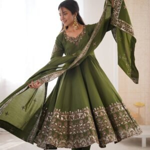 Mehendi Green Roman Silk Embroidered Anarkali Set