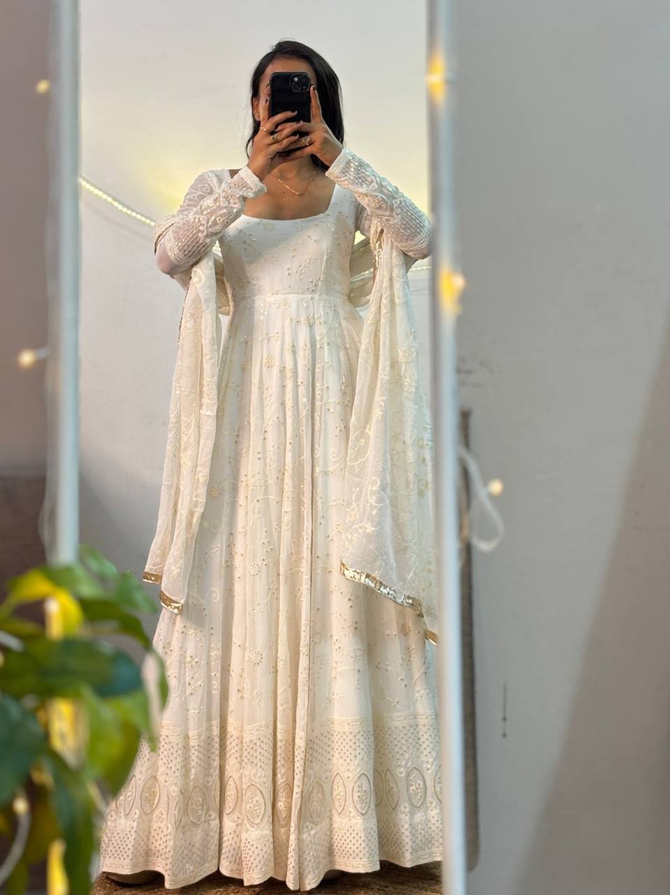 Ivory Embroidered Anarkali Set with Sheer Dupatta