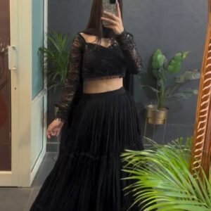 Midnight Black Ruffle Style Lehenga Choli Set with Sequence Work