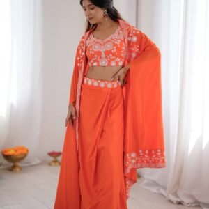 Vibrant Orange Embroidered Drape Skirt Set with Dupatta
