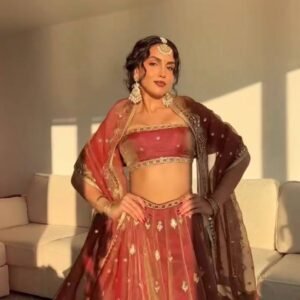 Dusty Rose Embroidered Lehenga Set with Sheer Dupatta