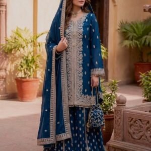 Royal Blue Embroidered Kurta Sharara Set with Dupatta