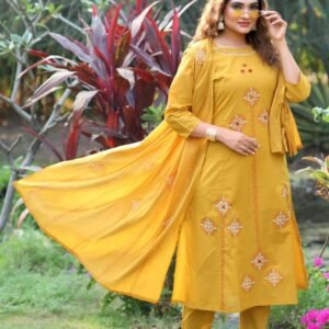 Mustard Pure Cotton Real Mirror Work A-Line Kurti Set
