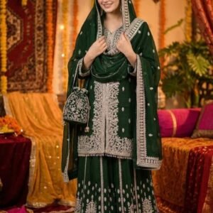 Emerald Embroidered Kurta Sharara Set with Dupatta & Potli Bag SKU:333