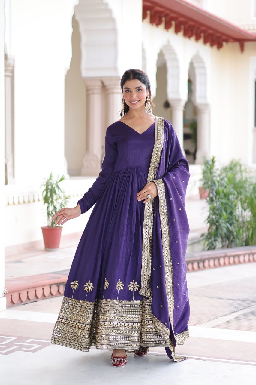 Royal Purple Vichitra Silk Anarkali Gown with Rich Sequins Embroidery - Image 2