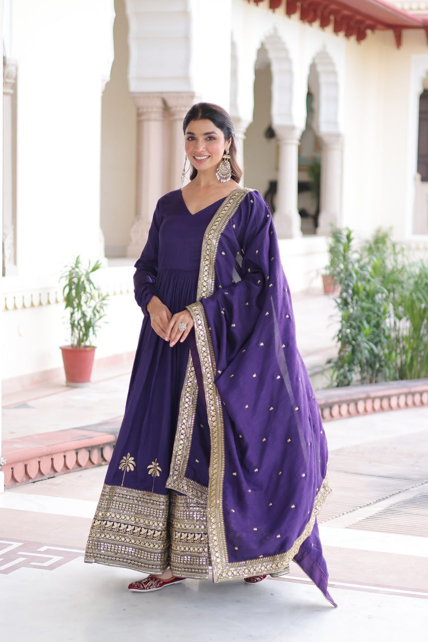 Royal Purple Vichitra Silk Anarkali Gown with Rich Sequins Embroidery - Image 3