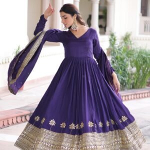 Royal Purple Vichitra Silk Anarkali Gown with Rich Sequins Embroidery