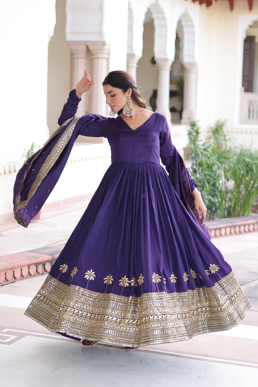 Royal Purple Vichitra Silk Anarkali Gown with Rich Sequins Embroidery