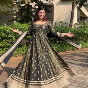 Elegant Olive Green Anarkali Gown with Zari Border