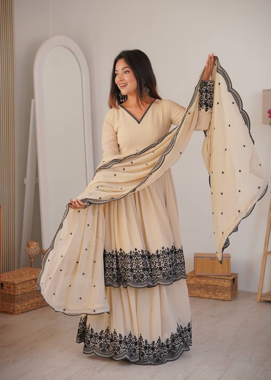 Beige Embroidered Anarkali Suit with Designer Dupatta - Image 4